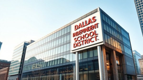 Dallas Independent School District building and sign in urban setting.