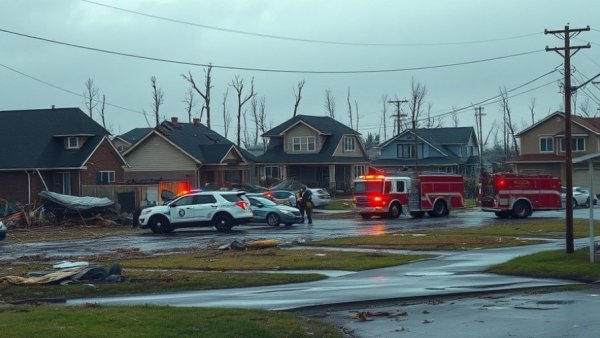 Mineral Wells tornado EF-2 scene with police and fire vehicles.
