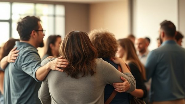 Emotional embrace at indoor event reflecting unity, Texas Camp Mystic flood accountability.