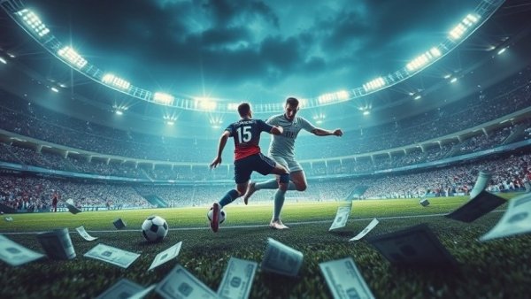 Surreal soccer field image highlighting Texas host cities World Cup financial burden.