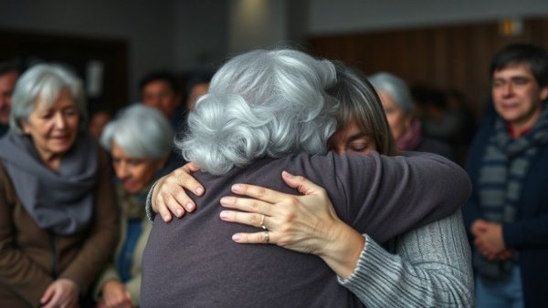 Emotional embrace at Camp Mystic flood tragedy memorial gathering.