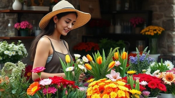Woman arranging flowers at artisanal market event in Austin