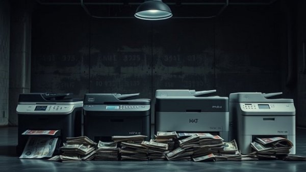 Humorous printer lineup symbolizing fake crypto apps draining wallets.