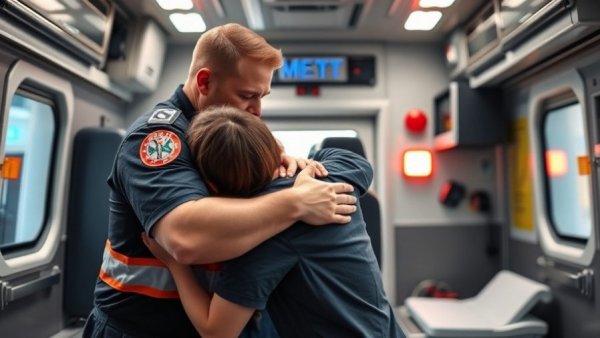 Heartwarming moment during CPR training in ambulance setting.