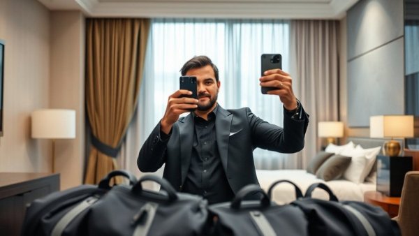 Man in hotel room taking selfie, items highlighted, Fox News logo visible.