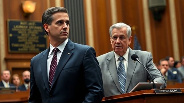 Congressional setting with two men discussing in a US government chamber.