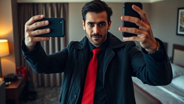 Man photographing self in hotel room with accessories, related to attempted assassination of President Trump.