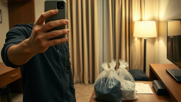 Hotel room selfie with accessories, breaking news Trump.