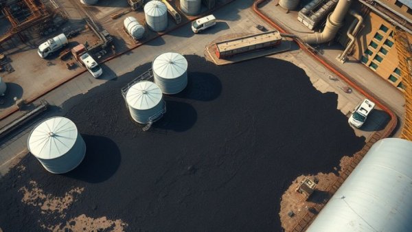 Industrial site with asphalt tank failure in South Houston, overhead view.