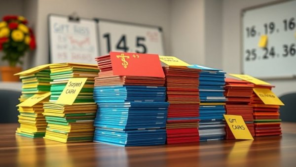 Stacks of gift cards with whiteboard, potential Houston gift card scam.