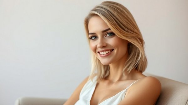 Blonde woman in white jacket seated in studio smiling.