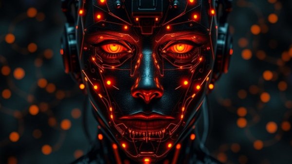 AI model understanding cognitive tasks, cyborg face with glowing brain.