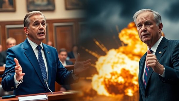 Iran conflict Congress reauthorization collage with hearing, figure, and explosion.
