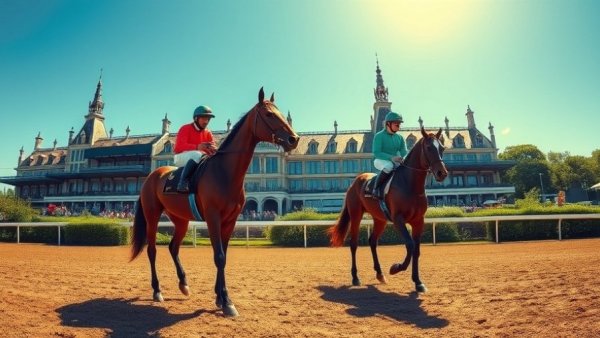 Horse training at renowned Kentucky racetrack with iconic spires