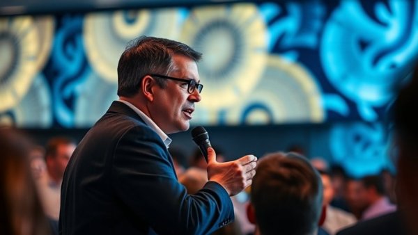 Engaged speaker discussing national debt at a conference.