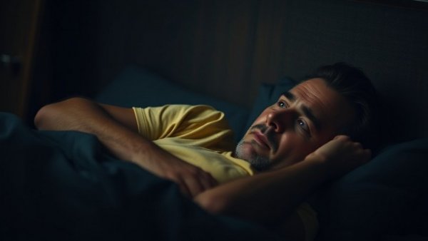 Contemplative middle-aged man lying awake in bed at night.
