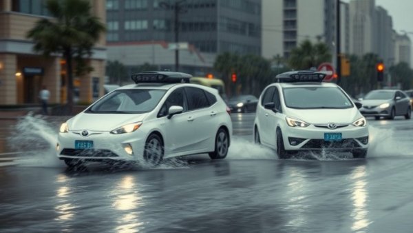 Autonomous cars navigating flood in Austin streets, highlighting weather impact, Austin news.