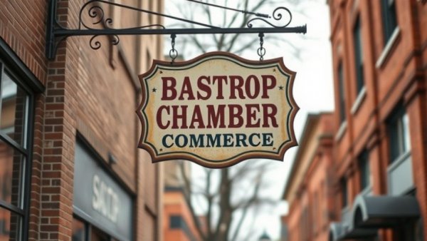 Bastrop Chamber of Commerce vintage-style sign outdoors.