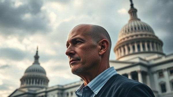 Bald man in front of US Capitol amid dramatic sky, government shutdown news in the US.