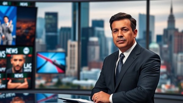 News anchor discussing widespread fraud in Minnesota with cityscape backdrop.
