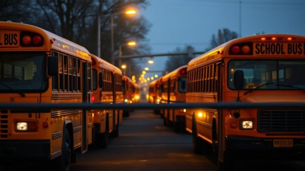 School buses in a lot at night under streetlights.