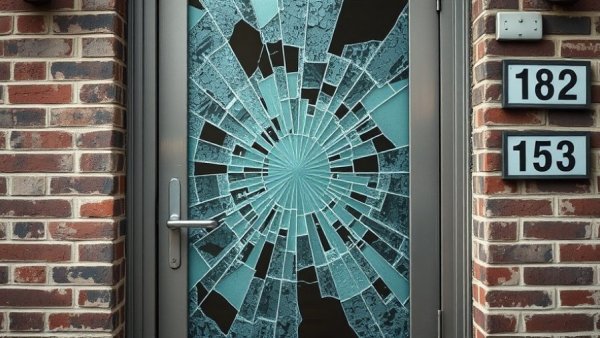 Shattered glass door indicating burglary, highlighting tougher penalties against repeat theft offenders.