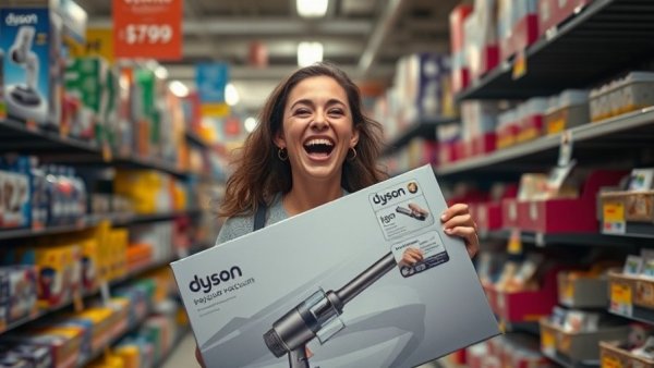 Excited woman finds Dyson for $2 in a busy discount store.