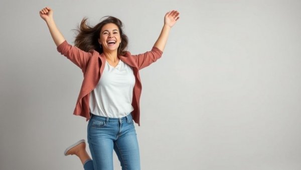 Joyful woman embracing Austin lifestyle, jumping in studio.