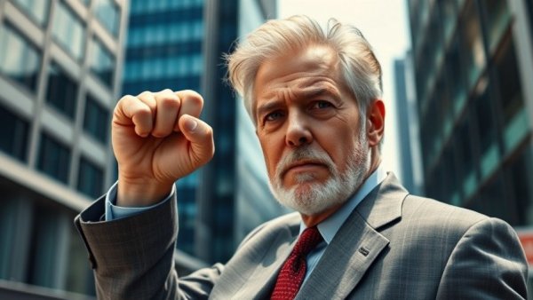 Determined older man raising fist in urban setting
