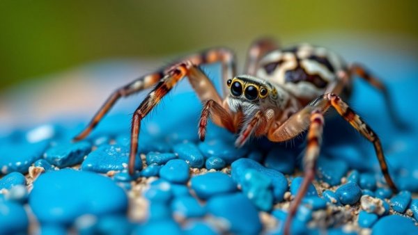 Macro shot of a spider on blue pebbles surface.