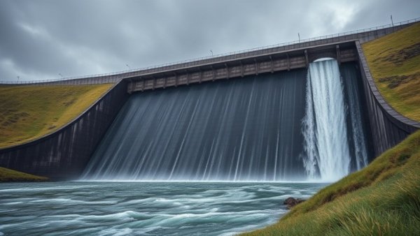 Highland Lakes water levels captured at a dam with overcast sky.