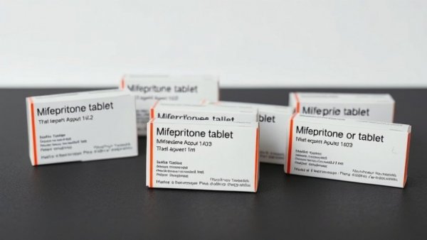 Close-up of mifepristone tablet boxes showing labels and branding.