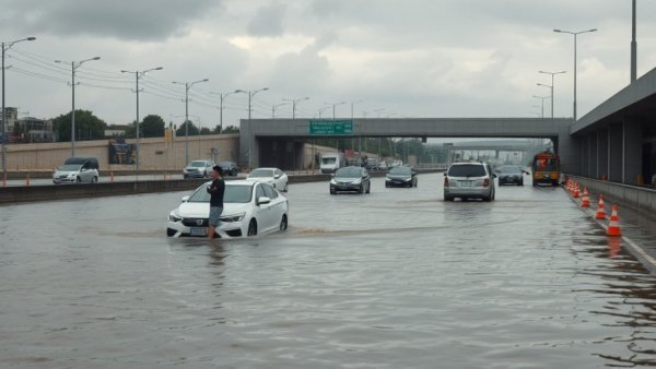 Flooding on I-35 Austin with cars and high water.