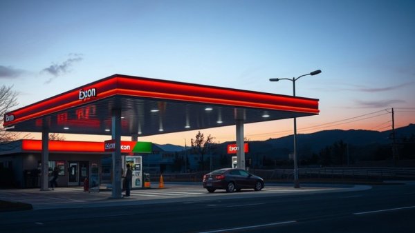 Exxon gas station with car refueling at twilight, urban evening.