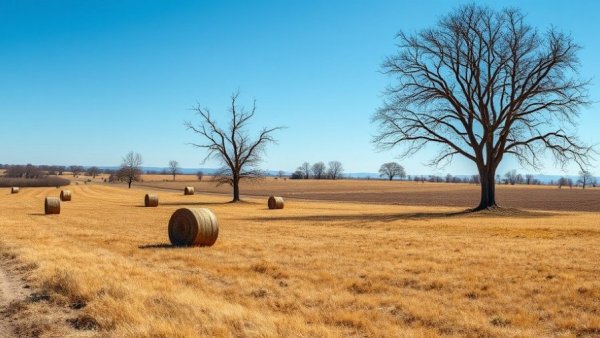 Nebraska ranchers wildfire recovery landscape with hay bales.