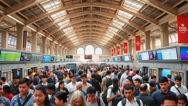 Busy train station with diverse crowd under bright lights.