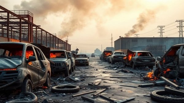 Devastated industrial area with burnt vehicles and collapsed structures, showcasing impact on Iran's economy.