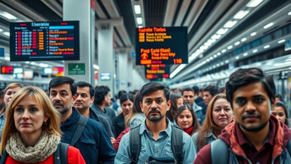 Commuters at busy train station checking schedule during World Cup