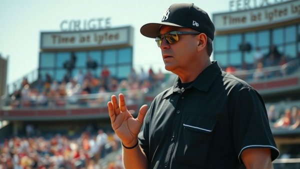 College baseball umpire making a call with safety gear, umpire safety in college baseball.