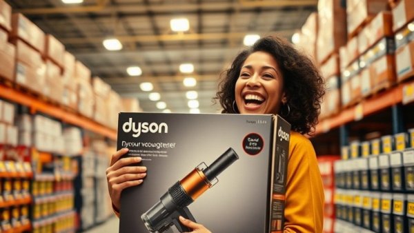 Ecstatic woman holding Dyson vacuum box at discount store.