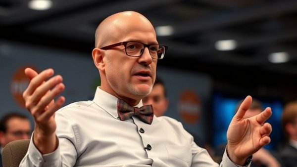Bald man in glasses and bowtie speaking at a conference.