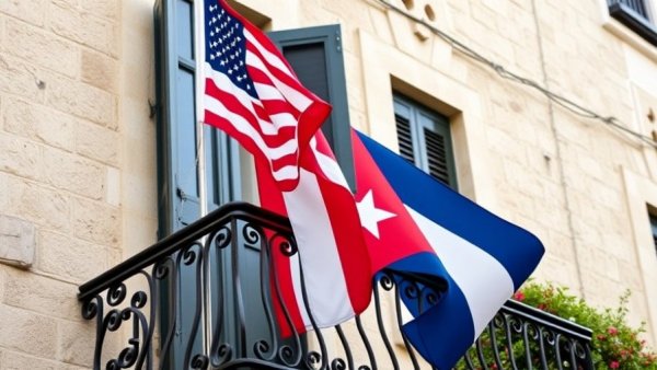 US and Cuban flags representing US sanctions on Cuba, waving on a balcony.