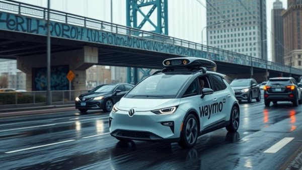 Waymo autonomous vehicle navigating rainy graffiti-covered street.