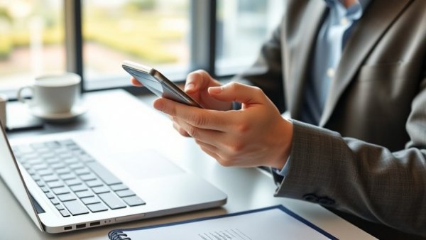 Business professional using smartphone in an office; relates to Texas job growth.