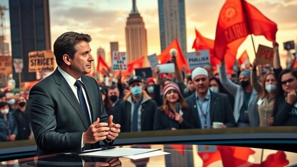 US news anchor discussing political events with cityscape backdrop.