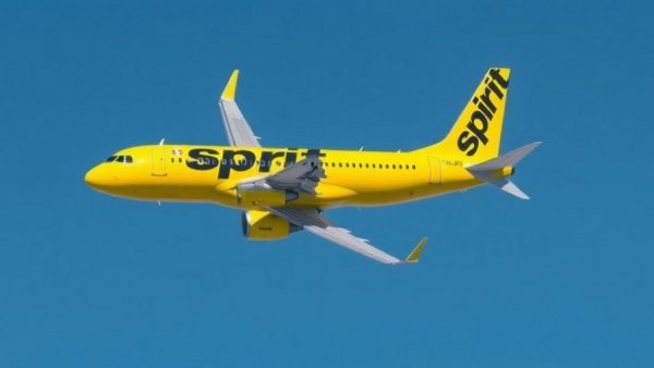Spirit Airlines jet flying against a clear sky.