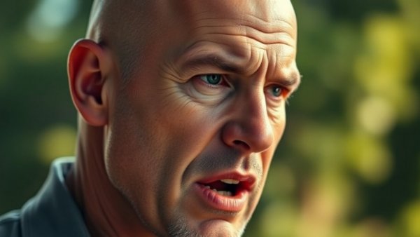 Breaking news today: Bald man speaking outdoors with intense expression.