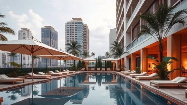 Luxurious Austin hotel pool area with umbrellas and loungers.