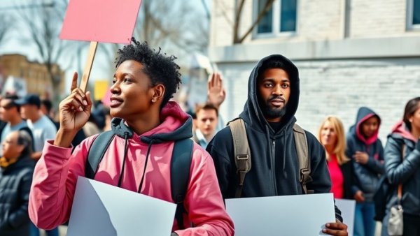 Protestor and video call split screen, highlighting activism.