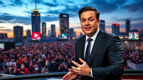 Breaking US news: anchor reports on protest with nighttime city view.